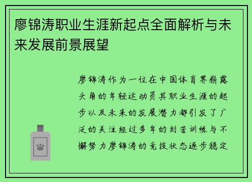 廖锦涛职业生涯新起点全面解析与未来发展前景展望 廖锦涛职业生涯新起点全面解析与未来发展前景展望