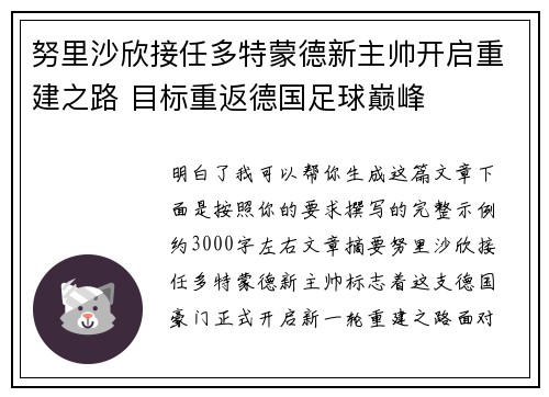 努里沙欣接任多特蒙德新主帅开启重建之路 目标重返德国足球巅峰