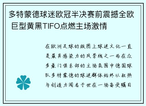 多特蒙德球迷欧冠半决赛前震撼全欧 巨型黄黑TIFO点燃主场激情